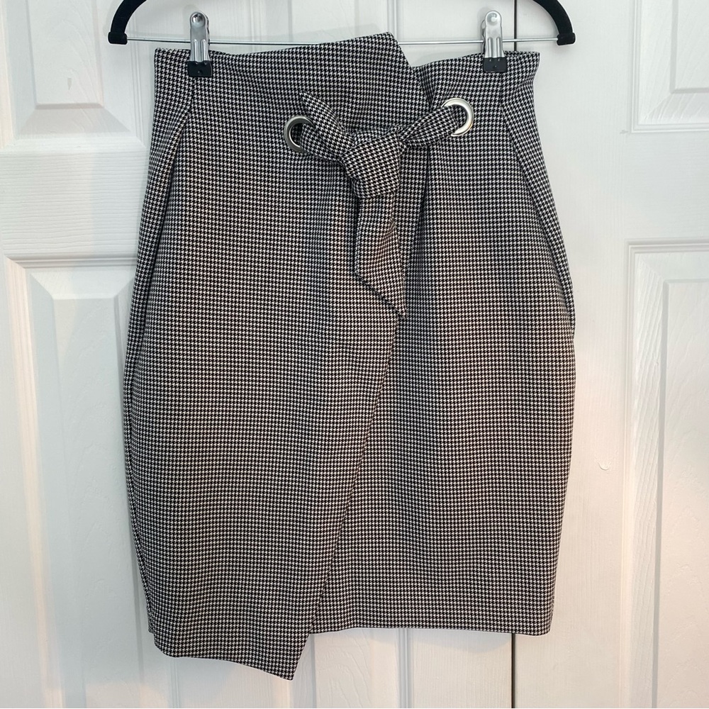 H&M Stretch Pencil Skirt Office Siren Tie Detail Houndstooth Workwear